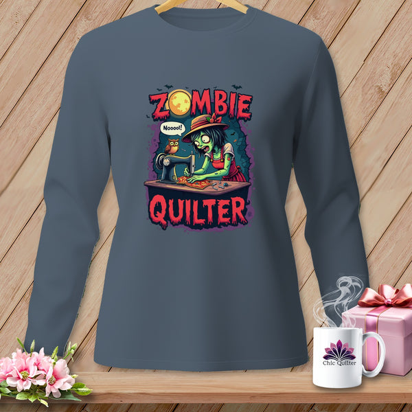 Zombie quilter with sewing machine and owl, text "Zombie Quilter".