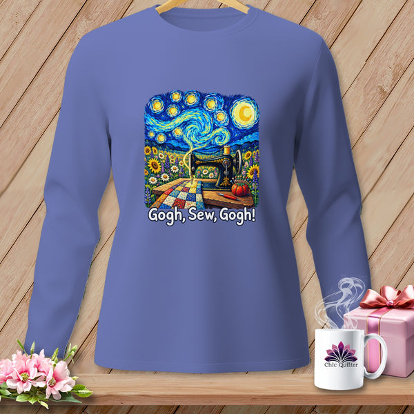 Long-sleeve shirt with a Starry Night-inspired sewing graphic and text "Gogh, Sew, Gogh!".