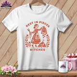White t-shirt graphic with woman holding scissors, fabric, and text 