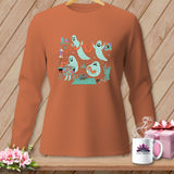 Crewneck shirt with graphic of cute ghosts sewing and crafting.