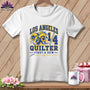 A white t-shirt features a blue and yellow ram graphic with text reading Los Angeles Quilter.