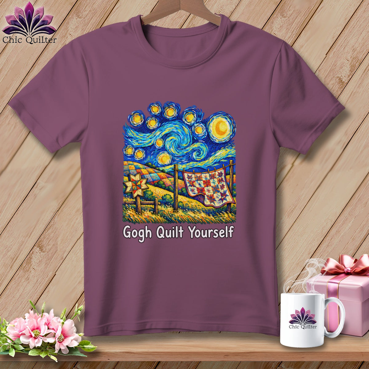 T-shirt with Van Gogh-style starry night, quilt, and "Gogh Quilt Yourself" text.