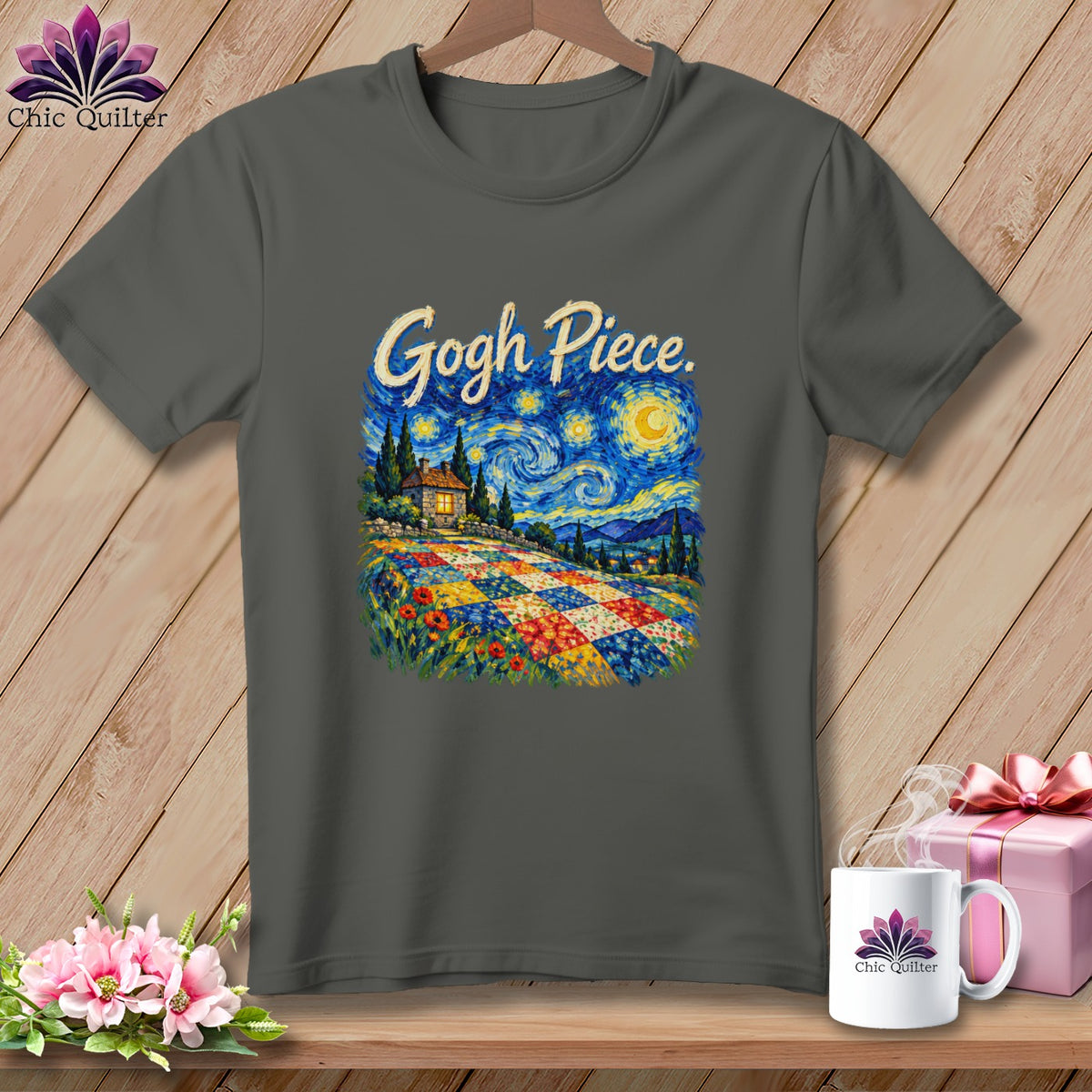 Charcoal gray t-shirt featuring a Starry Night quilt graphic and the text Gogh Piece.
