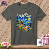 Charcoal gray t-shirt featuring a Starry Night quilt graphic and the text Gogh Piece.