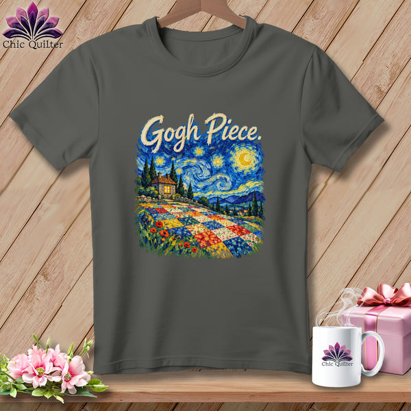 Charcoal gray t-shirt featuring a Starry Night quilt graphic and the text Gogh Piece.