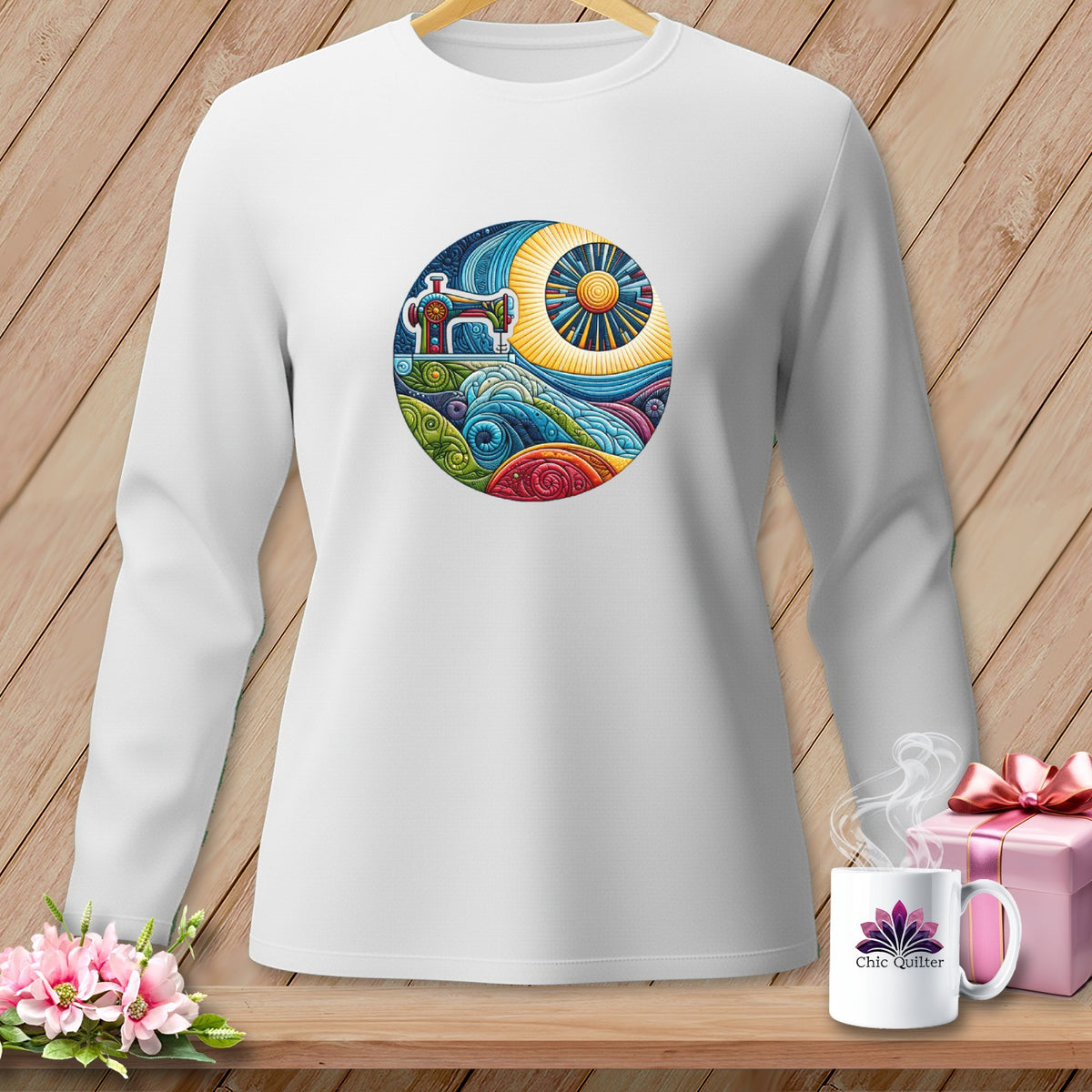 White long-sleeve shirt with a circular graphic of a sewing machine and colorful landscape.