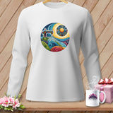 White long-sleeve shirt with a circular graphic of a sewing machine and colorful landscape.