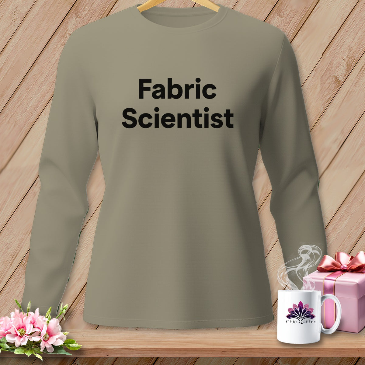 Long-sleeve shirt with "Fabric Scientist" text, a mug, and gift.