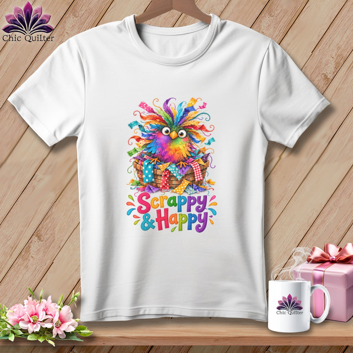 White crewneck t-shirt featuring a colorful bird in a basket graphic with the text Scrappy & Happy.