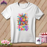 White crewneck t-shirt featuring a colorful bird in a basket graphic with the text Scrappy & Happy.