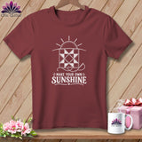 Maroon t-shirt with quilt design and text 