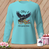 Raven with wings spread over sewing machine and quilt, text reads 