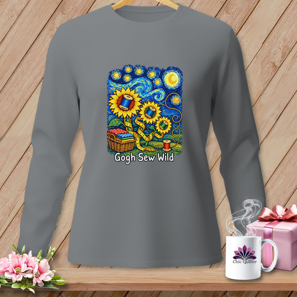 Long sleeve shirt with sunflowers, sewing notions, and "Gogh Sew Wild" text.