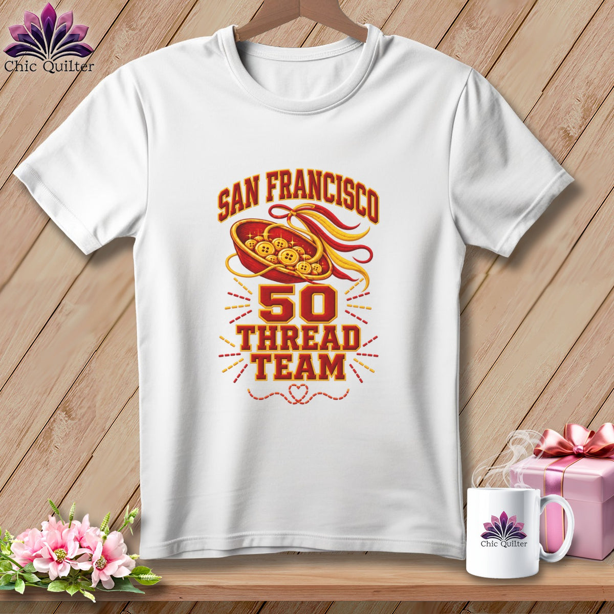 A white t-shirt features a San Francisco 50 Thread Team graphic with buttons and ribbons.