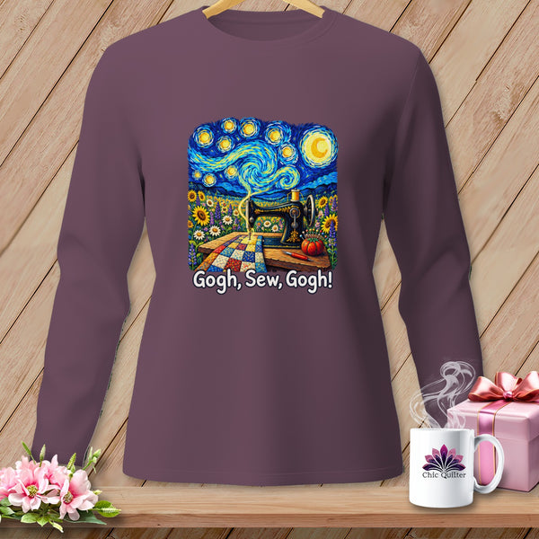 Long sleeve shirt with Van Gogh-inspired sewing art and "Gogh, Sew, Gogh!" text.