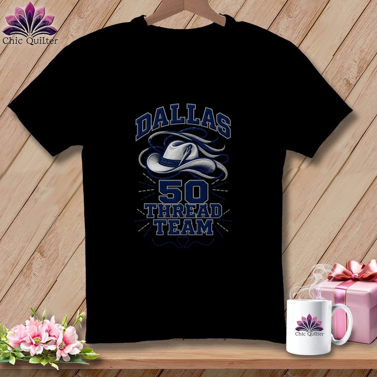 Black t-shirt featuring a blue and white graphic that reads Dallas 50 Thread Team with a cowboy hat.