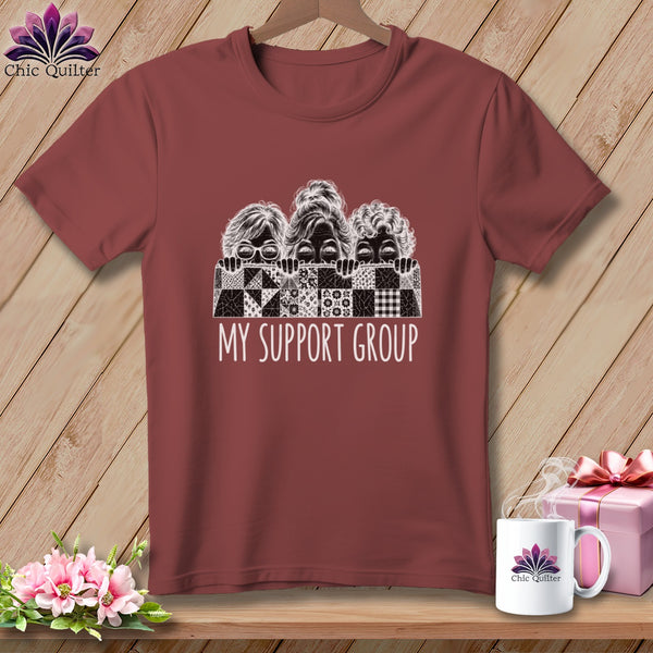 T-shirt with three women's faces peeking over a quilt, reading "MY SUPPORT GROUP".