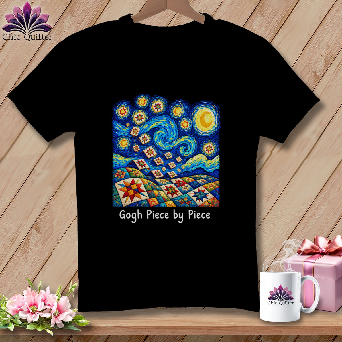 Black t-shirt with Van Gogh Starry Night quilt art and "Gogh Piece by Piece" text.