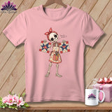 Skeleton in bandana and apron holding quilt squares, 