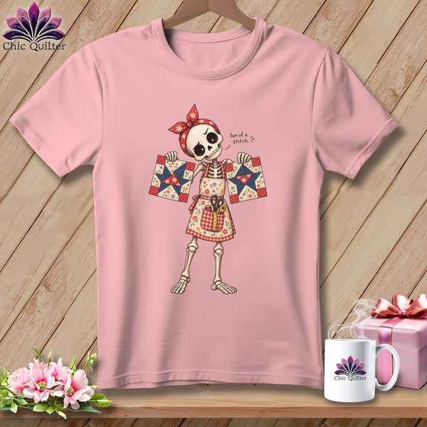 Skeleton in bandana and apron holding quilt squares, "Son of a Stitch" text.