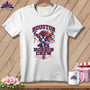 A white t-shirt featuring a graphic of a bull's head with text reading Houston 45 Bobbin Crew.