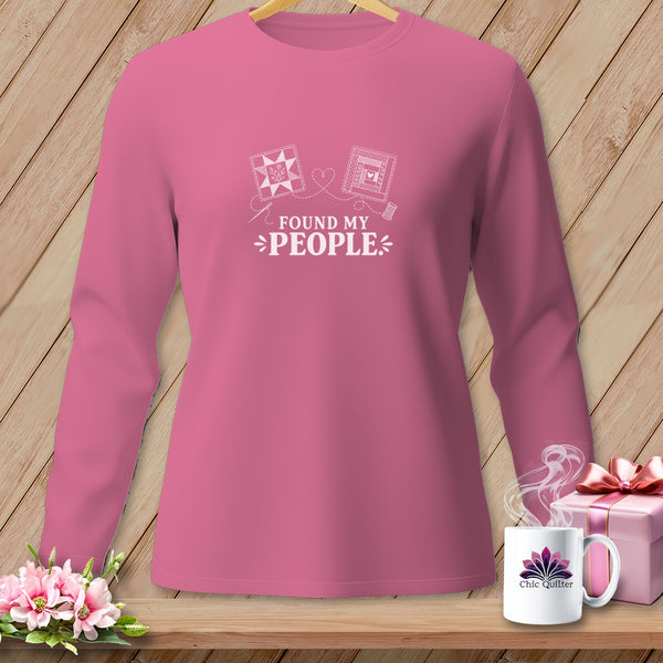 Pink long-sleeve shirt with "Found My People" and quilting graphics.