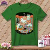 Green t-shirt with ghosts sewing a quilt that says 