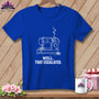 Royal blue t-shirt with line art of a broken sewing machine and text "WELL. THAT ESCALATED."
