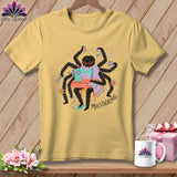 Spider using a sewing machine, holding coffee and scissors, with 