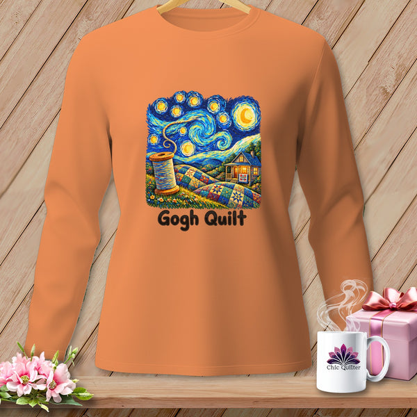 Orange long-sleeve shirt with a "Gogh Quilt" design and a spool of thread.