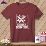Maroon t-shirt with quilting block graphic and text 