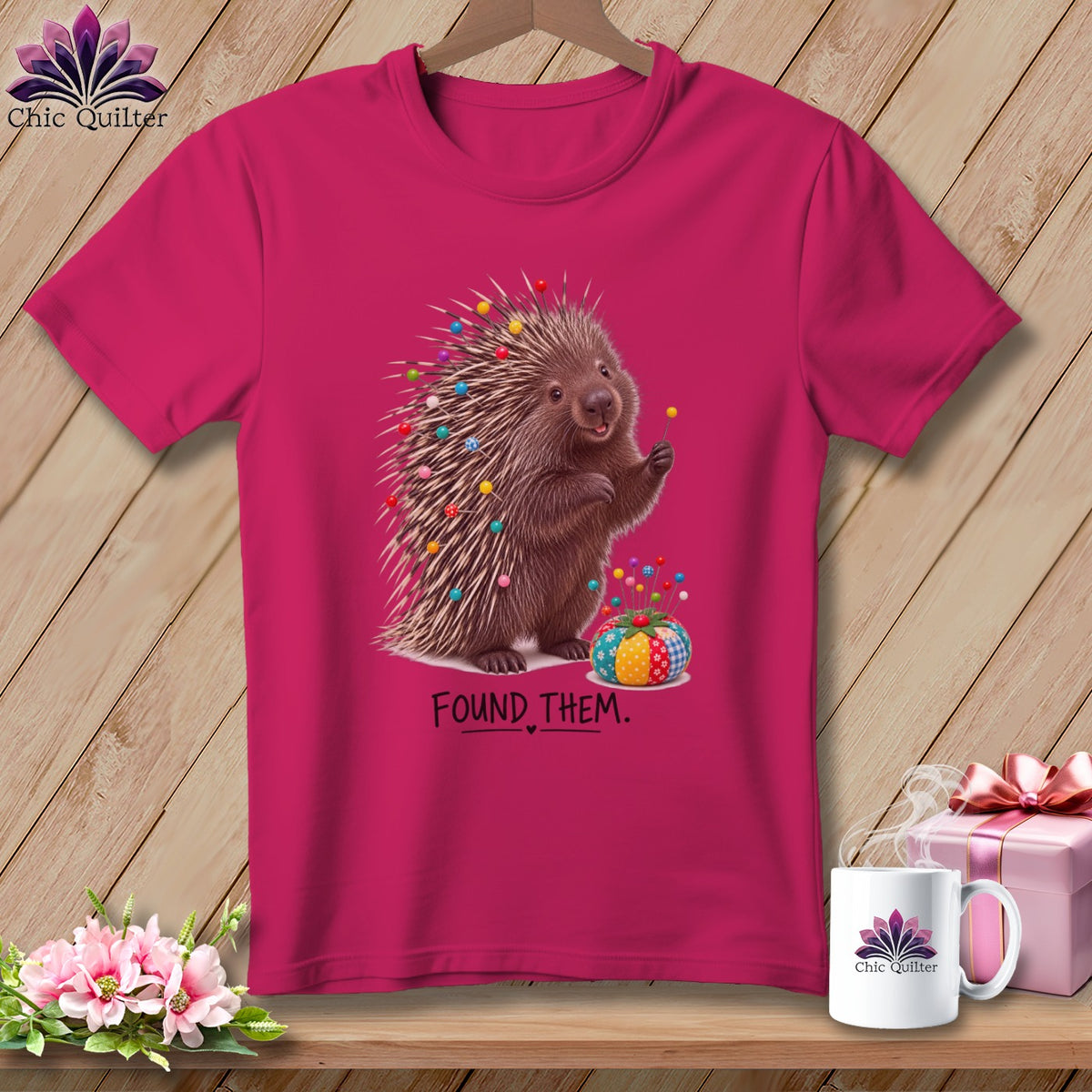 Porcupine with pins in quills, and text "FOUND THEM."