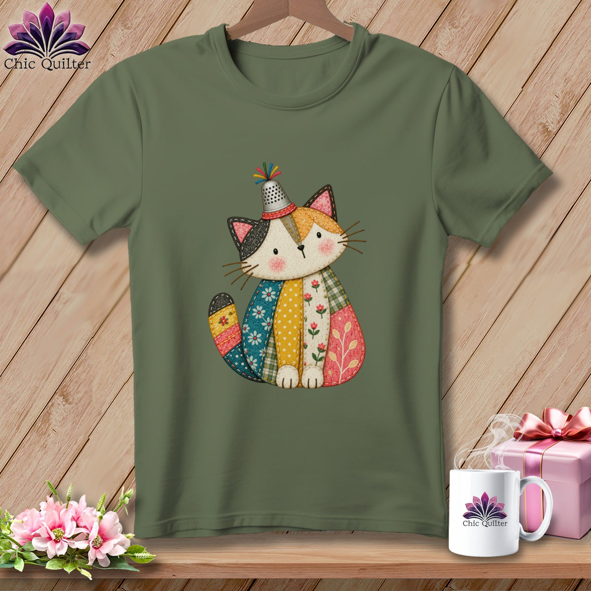 An olive green t-shirt features a colorful, quilted cat illustration wearing a thimble hat.