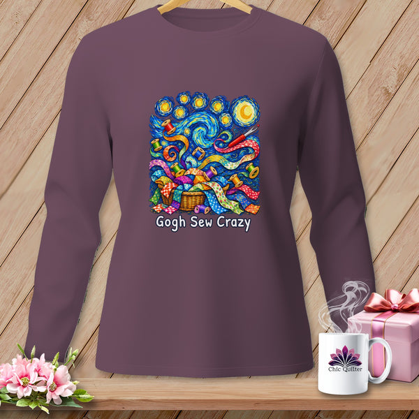 Long-sleeved shirt with a basket of colorful fabric scraps, spools, and scissors in starry night style.