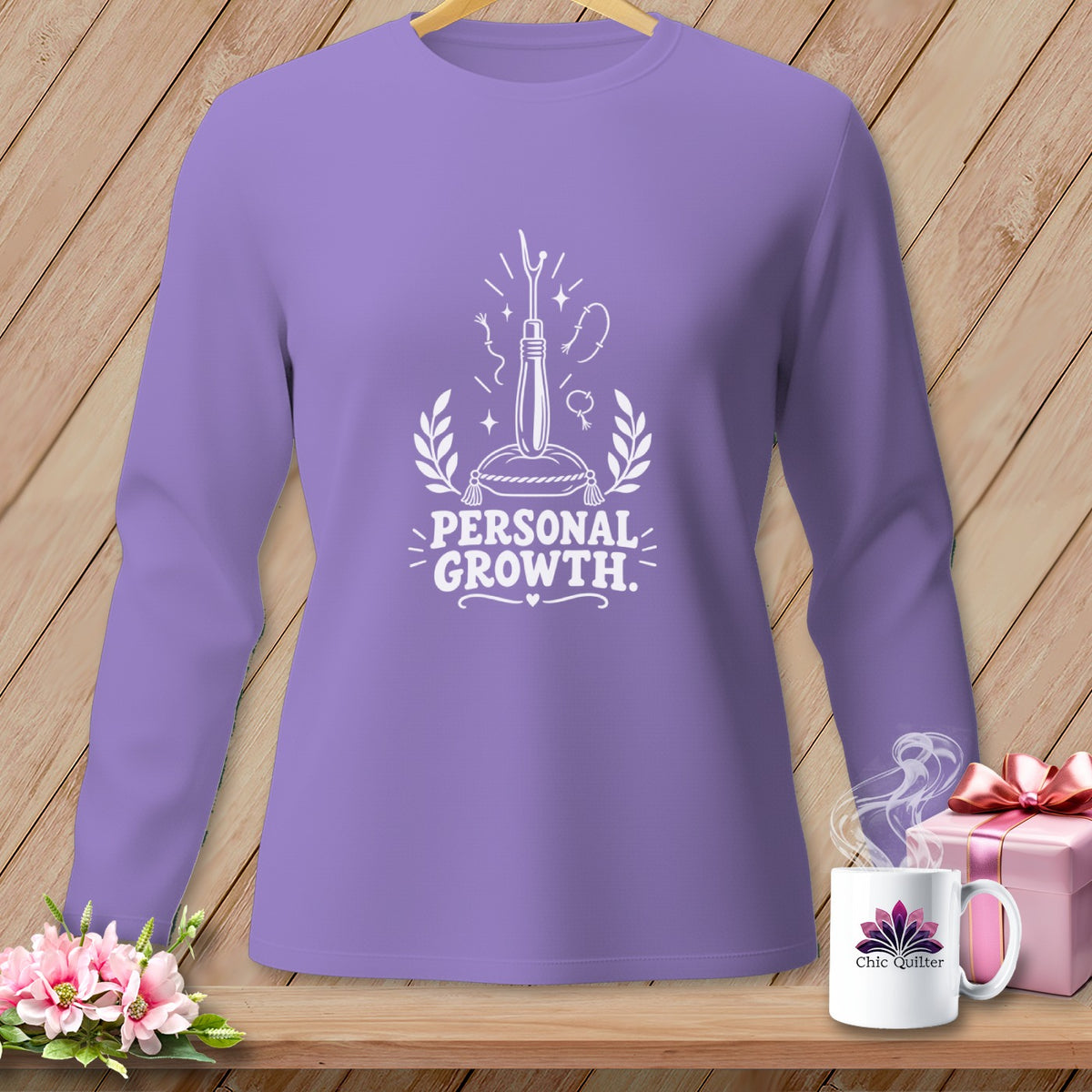 Lavender long-sleeve shirt with "Personal Growth" graphic design.