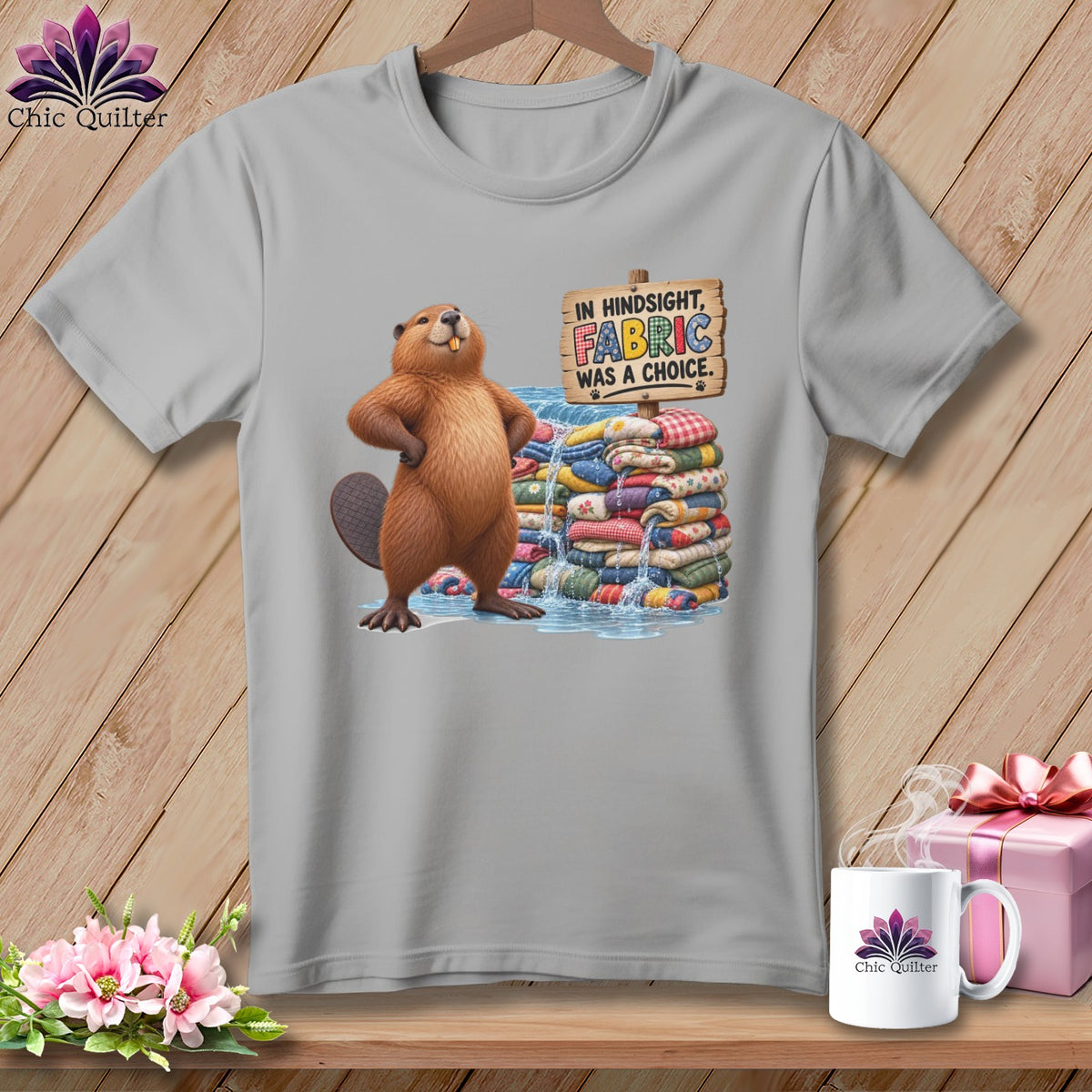 Beaver next to a pile of fabric with text "In hindsight, fabric was a choice."