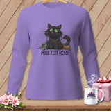 Purple long-sleeve shirt with a black cat tangled in yarn and the text 