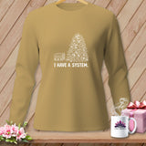 Long-sleeved shirt with white graphic of fabric scraps and text 