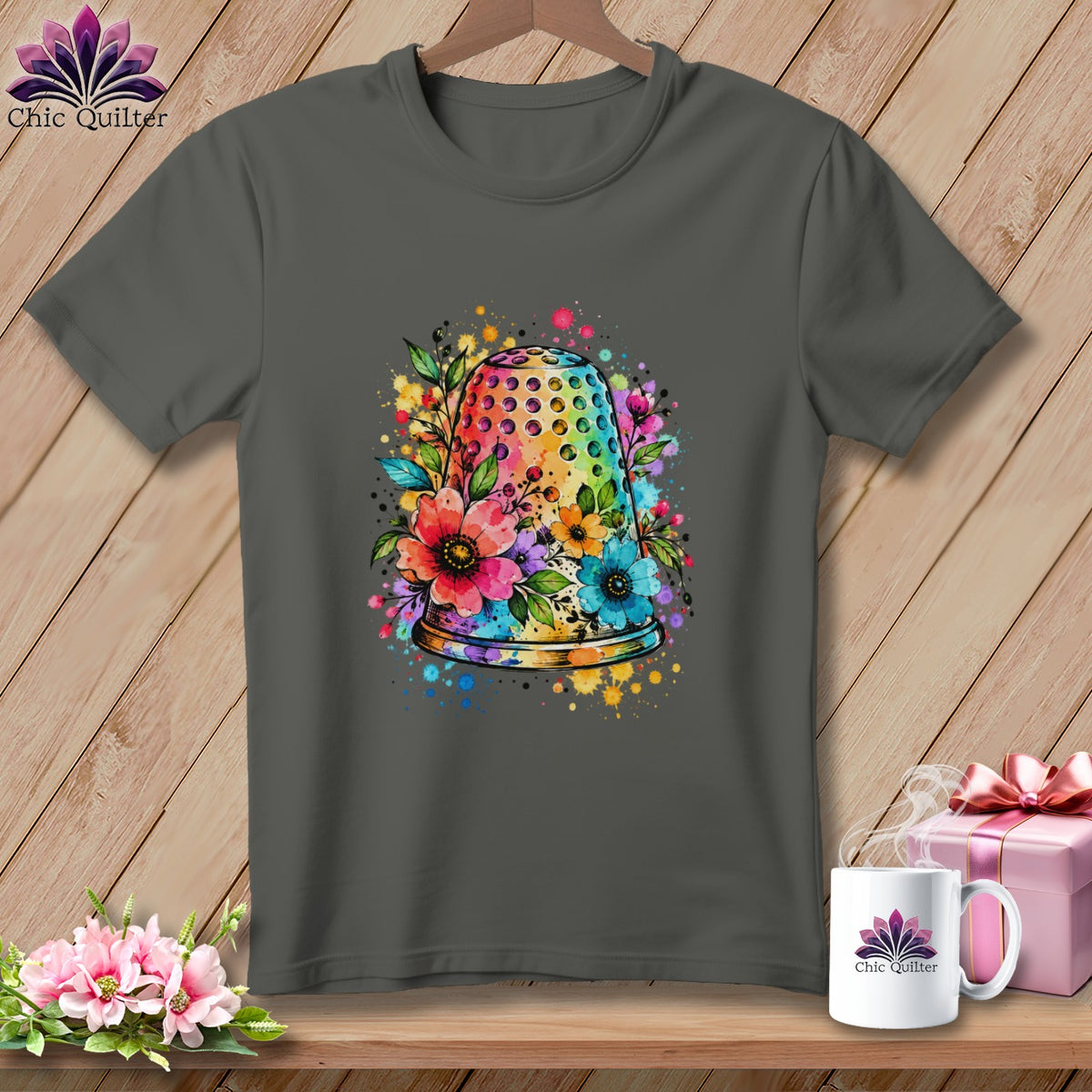 Charcoal gray t-shirt featuring a colorful watercolor design of a thimble surrounded by flowers.