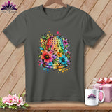 Charcoal gray t-shirt featuring a colorful watercolor design of a thimble surrounded by flowers.