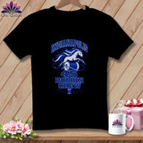 Black t-shirt featuring a blue and white graphic with a running horse, sewing thread, and text that reads Indianapolis 45 Bobbin Crew.