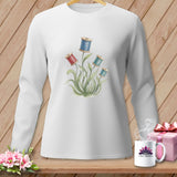 White long-sleeve shirt with floral spool of thread graphic and 