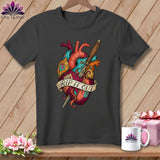 Dark grey t-shirt with colorful anatomical heart graphic and banner saying 