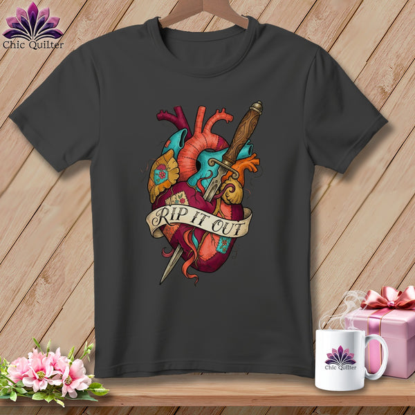 Dark grey t-shirt with colorful anatomical heart graphic and banner saying "RIP IT OUT."