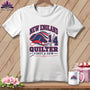 White t-shirt with a blue and red graphic featuring the text New England Quilter 14.