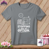 Gray t-shirt with white sewing machine graphic and 