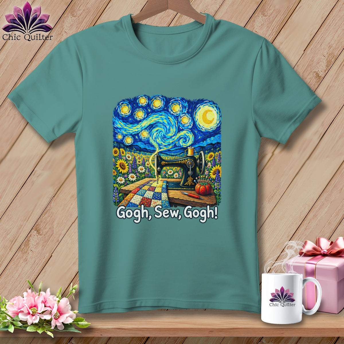 Teal t-shirt with Van Gogh-inspired sewing design and text "Gogh, Sew, Gogh!".