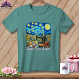 Teal t-shirt with Van Gogh-inspired sewing design and text 