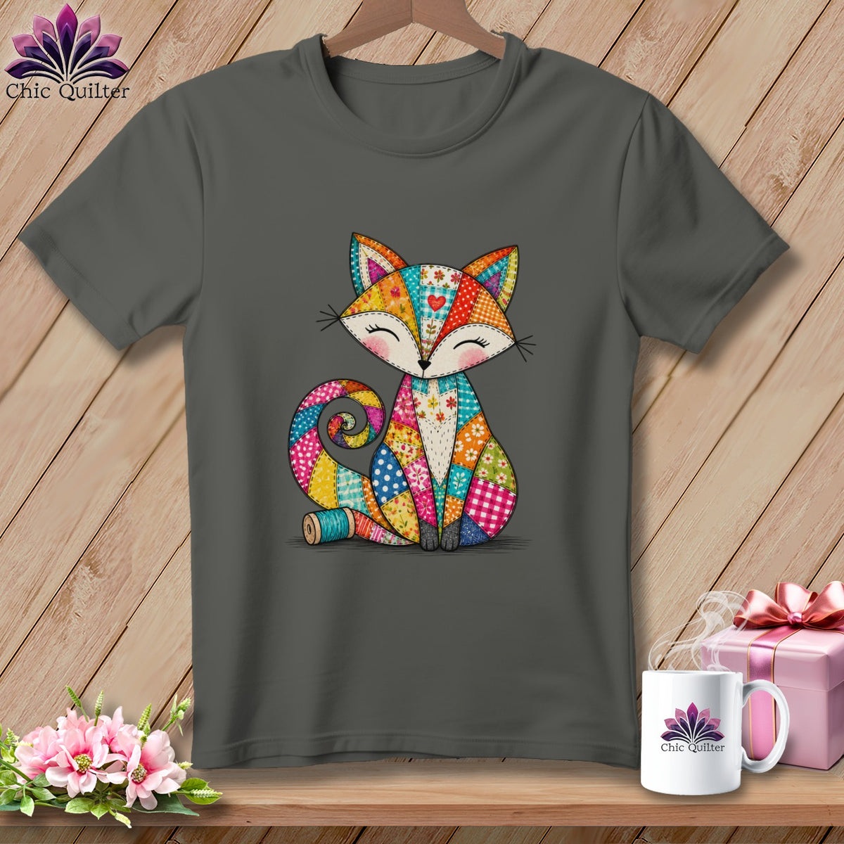 Dark gray t-shirt featuring a colorful, patterned patchwork fox graphic on the front.