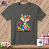 Dark gray t-shirt featuring a colorful, patterned patchwork fox graphic on the front.